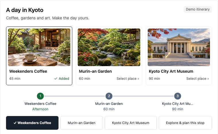 A day in Kyoto: three stops on a route the user can rearrange, run as an Aegis mini app